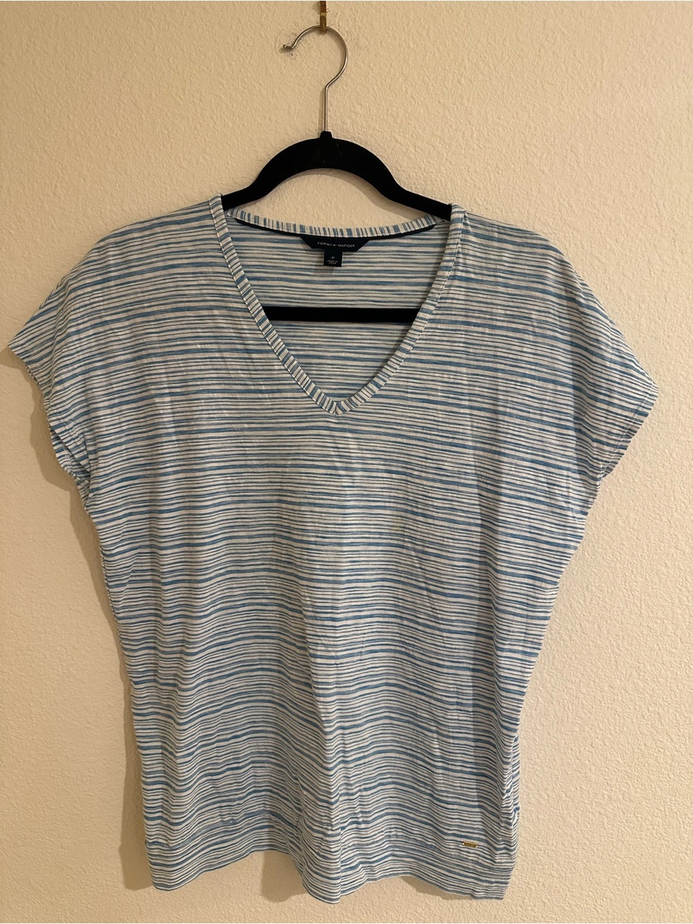 Tommy Hilfiger Light Blue and White Striped V-Neck Tee